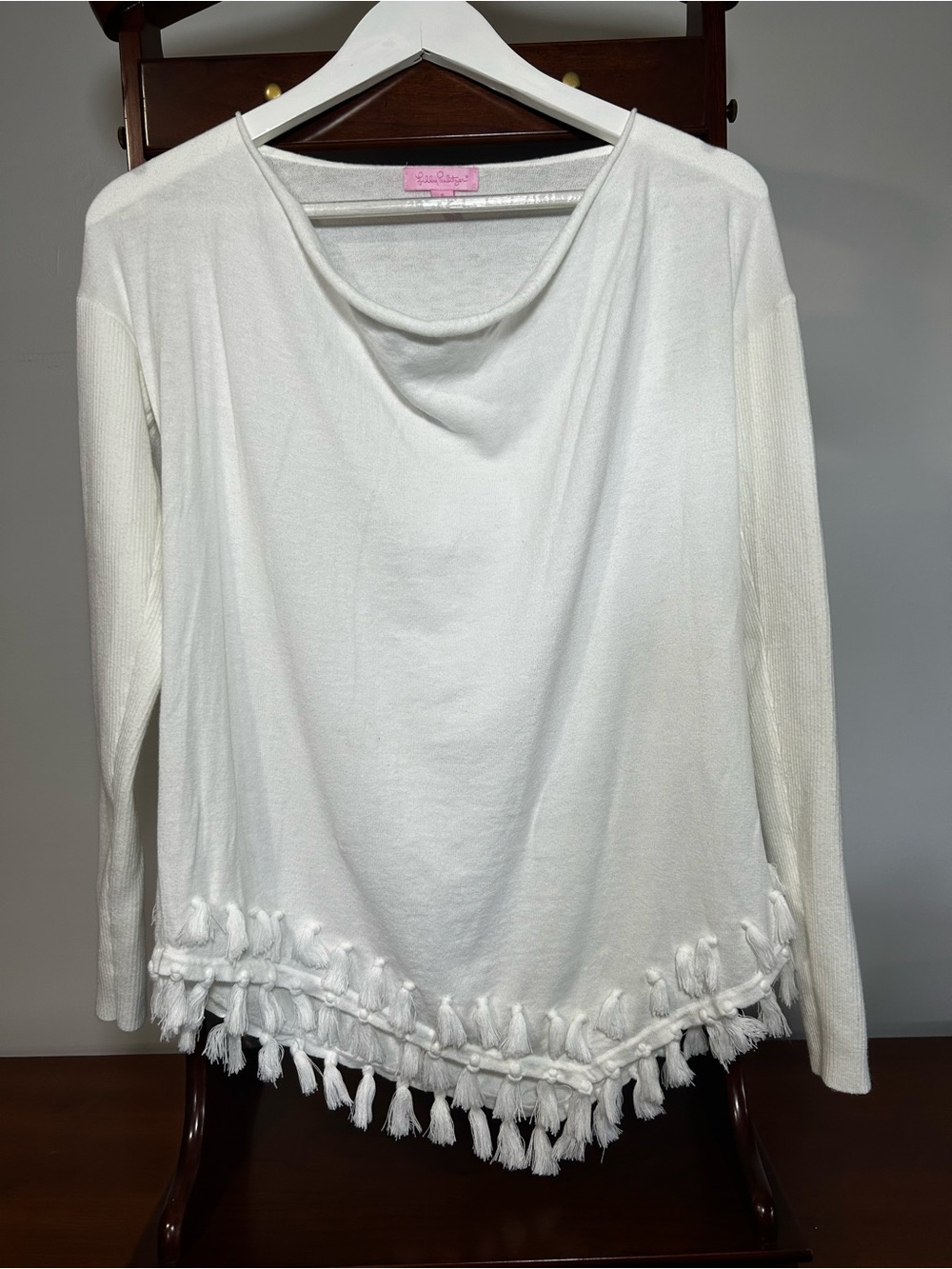 Lilly Pulitzer Womens Small White Tassel Fringe Hem Ribbed Long Sleeve Sweater